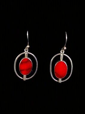Vtg 80s Taxco Mexico 925 Sterling Reversible Red Jasper Abalone Orbit Earrings